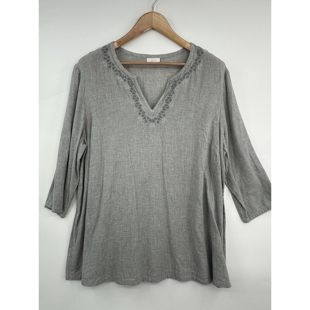 J.Jill PureJill Gray Cotton 3/4 Sleeve Top Plus Size 1X Pullover Embroidery